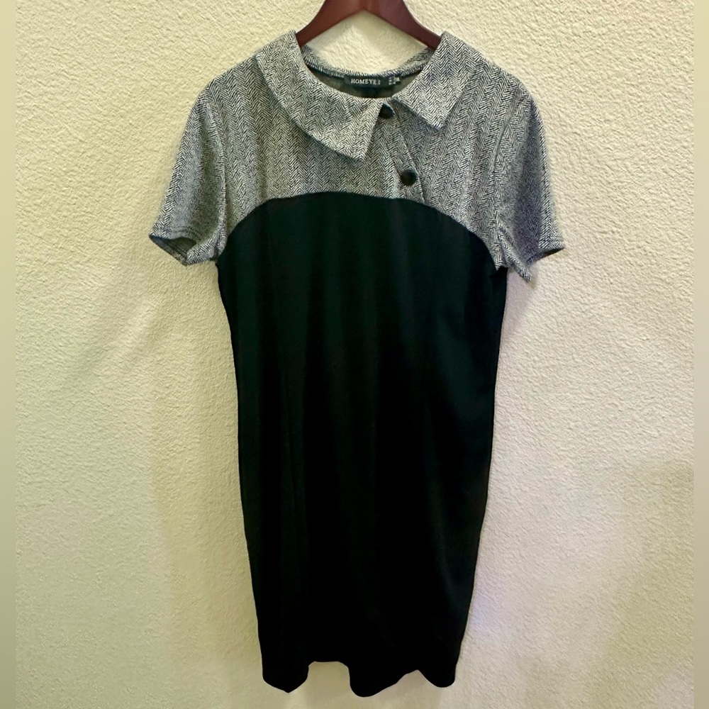 Homeeye Black Color Block Lapel Retro Short Sleeve Midi Dress Size 18